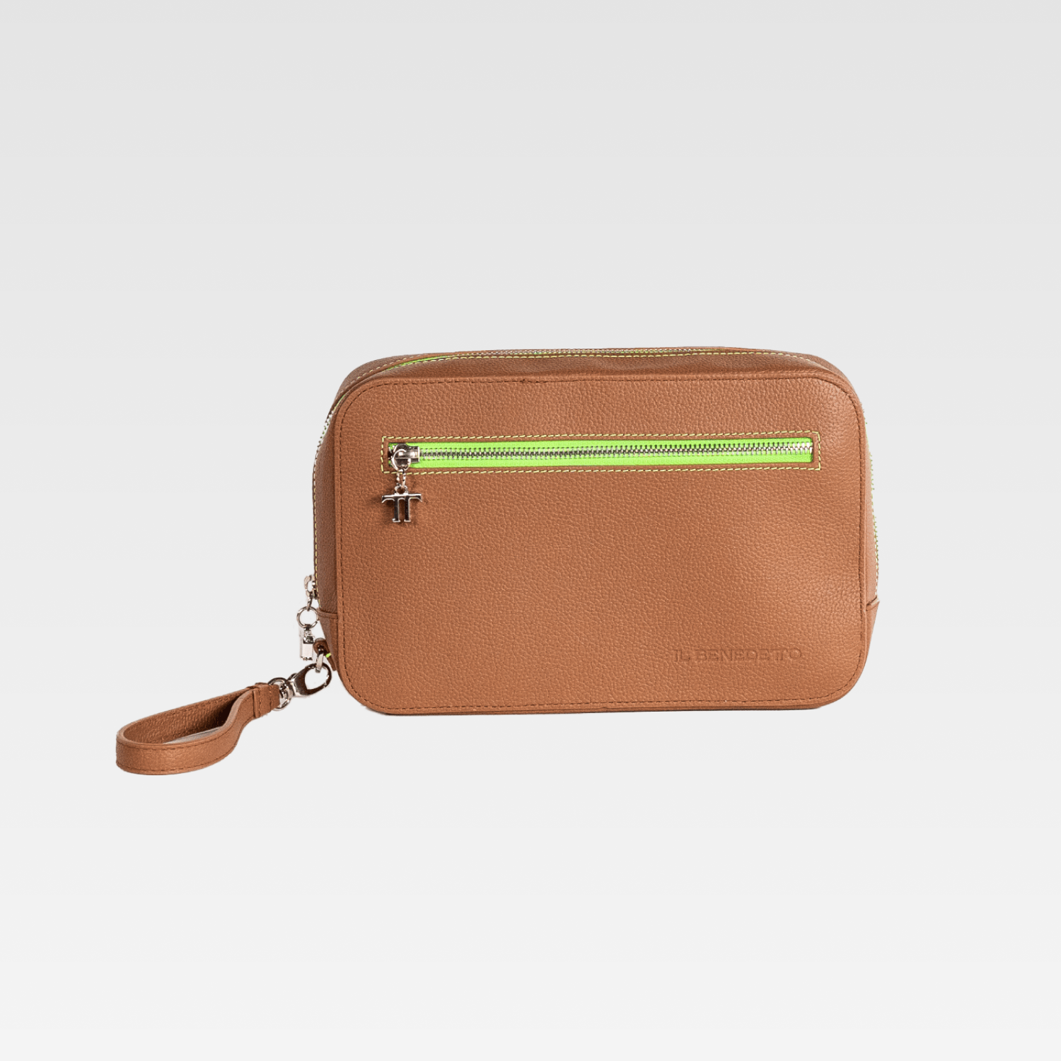 Bolso de mano piel marron cremallera verde